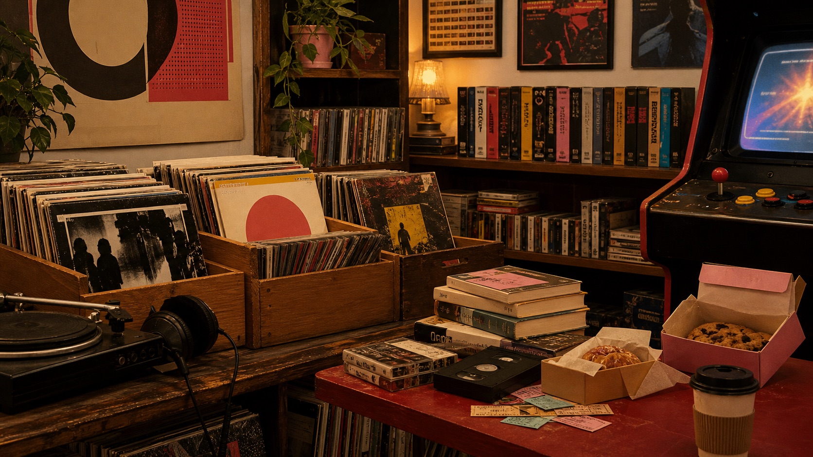 Pop Culture House record-shop corner with records, films, games, books, and bakes